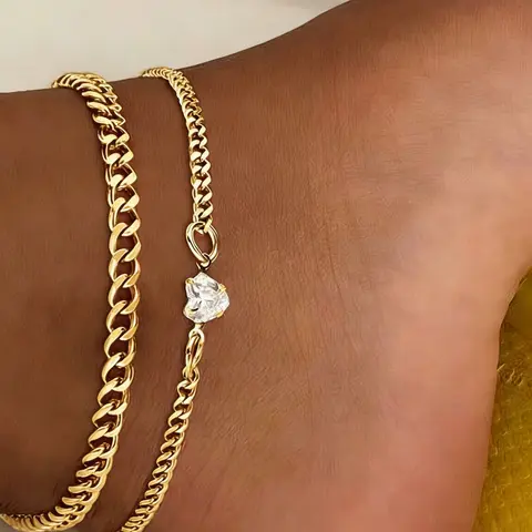2-Piece Cuban Chain Anklet Set for Women, Minimalist Stainless Steel Zirconia Ankle Bracelets Foot Jewelry for Parties & Gifts Jewellery