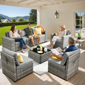【Summer Vibes】OVIOS 8-Piece Outdoor Patio Furniture Set with Swivel Rocking Chairs & Coffee Table, All-Weather Wicker Sectional Conversation Set with Cushions for Backyard, Patio, Porch, Deck & Garden