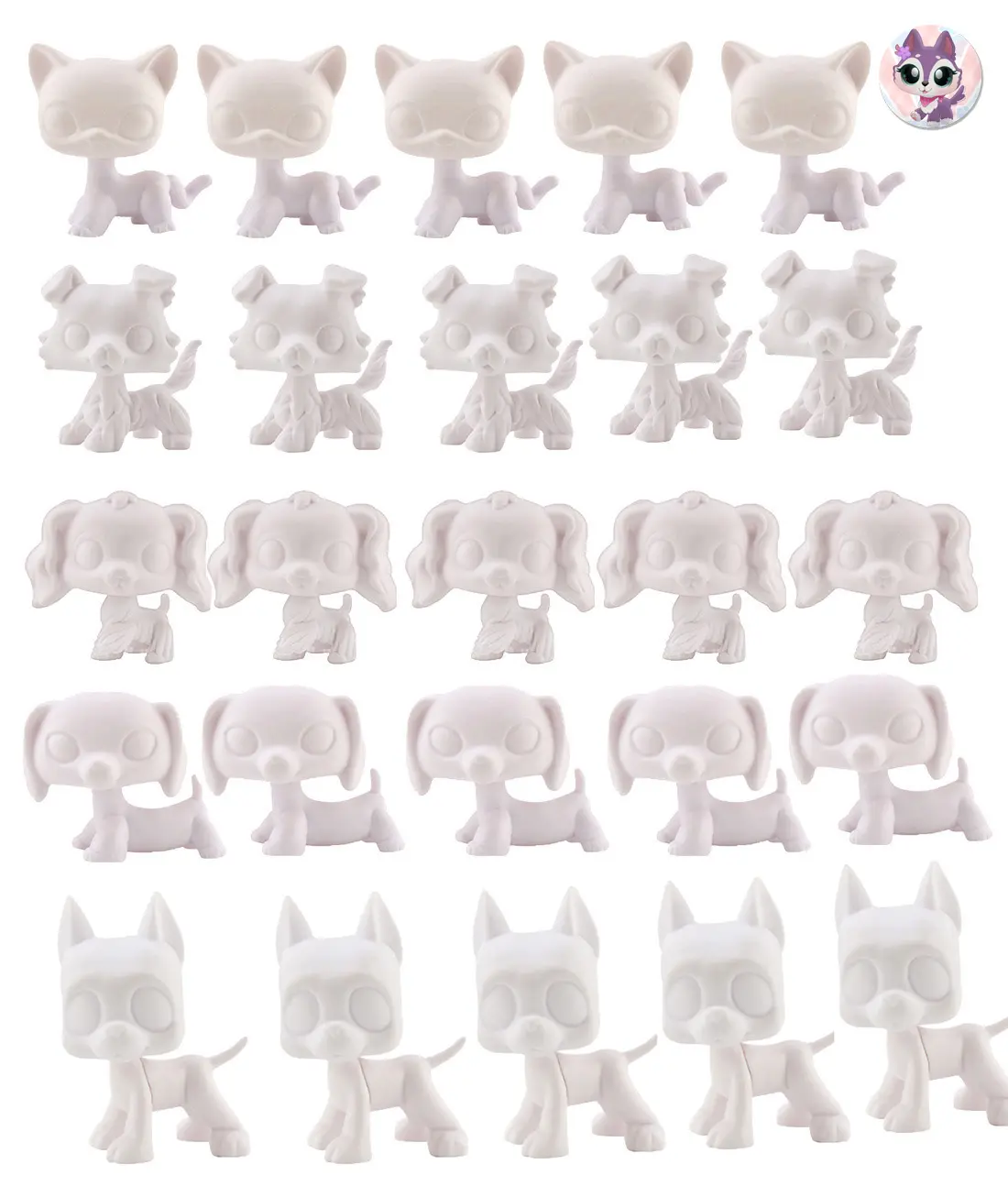 25 Pcs White Base Molds Shorthair Cat Collie Cocker Spaniel Great Dane Dachshund White Blanks Bobble Head Figures