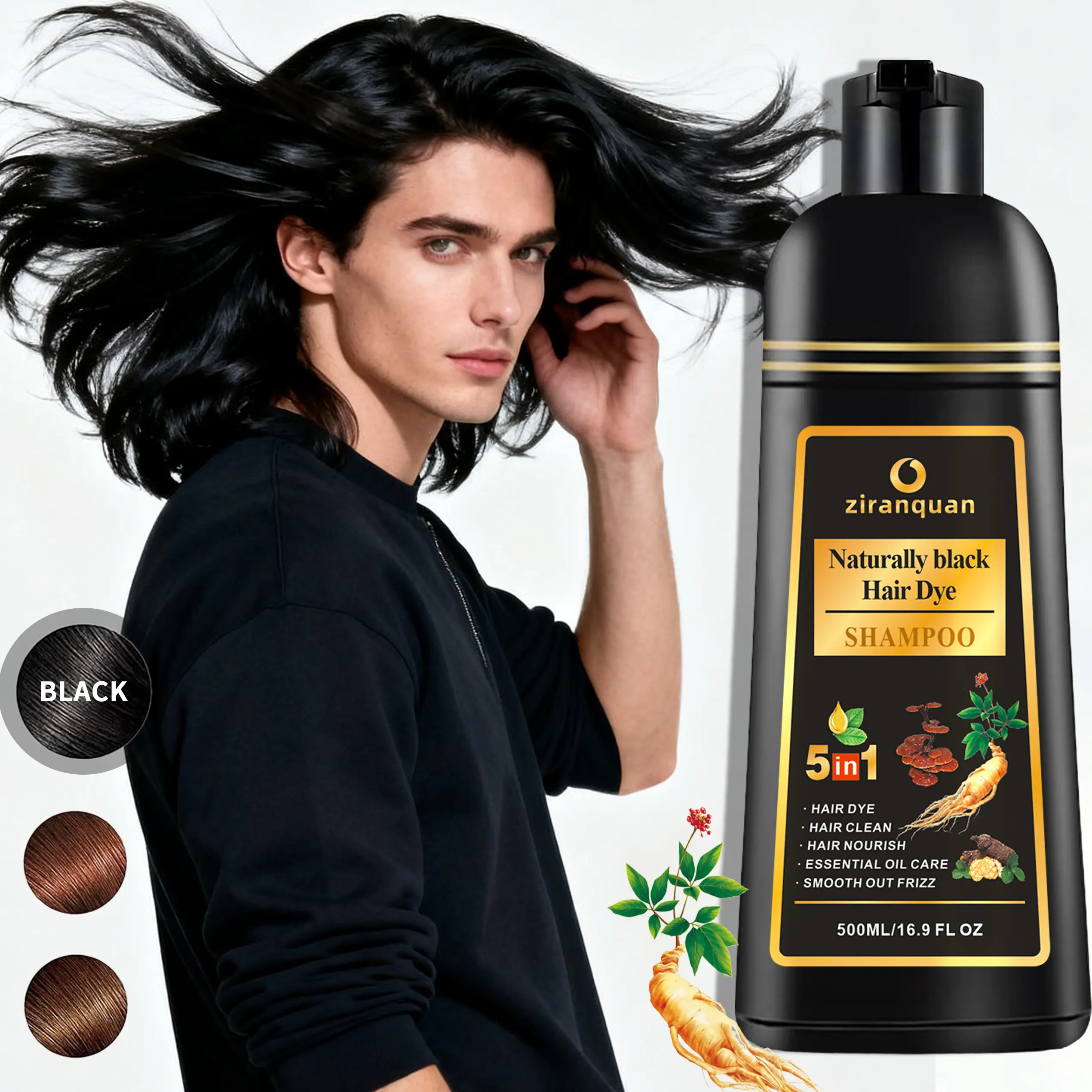 Men's Ammonia-Free 5 In 1 Mustache & Beard Dye Liquid - Black, Ginseng & Herbal Ingredients, 500ml Haircare for Gray Hair (Curly, Fine, Normal Hair), 24-Month Shelf Life, Semi-Permanent, Ginseng Herbs, 24 Months, Adults, Dry