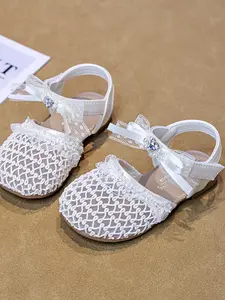 Girls' Mesh Water Drill Bow Sandals, Sweet Princess Style, Anti-Slip Velcro, Summer School/party/bridal Party Shoes