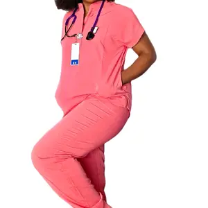 Rose Pink Women's Mandarin Collar Jogger Set Scrub with Pockets Comfortable Fabric for All Seasons Drawstring, High Waisted Two-Piece joggers Set scrubs