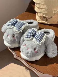 New Cute Rabbit Plush Indoor Slippers, House Slippers, Fleece Lined Soft Warm Casual Comfortable Student Non-Slip Textile Shoes, Fall & Winter Home Wear