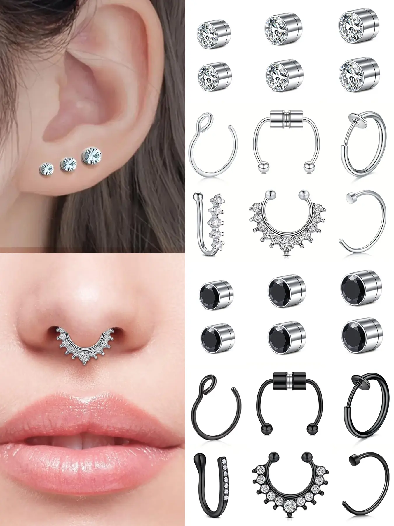 Fake Nose Studs Magnetic Nose Studs Fake Nose Studs Nose Clips, Clip On Nose Rings Nose Cuff Stainless Steel No Need Piercing Fake Nose Rings Jewelry
