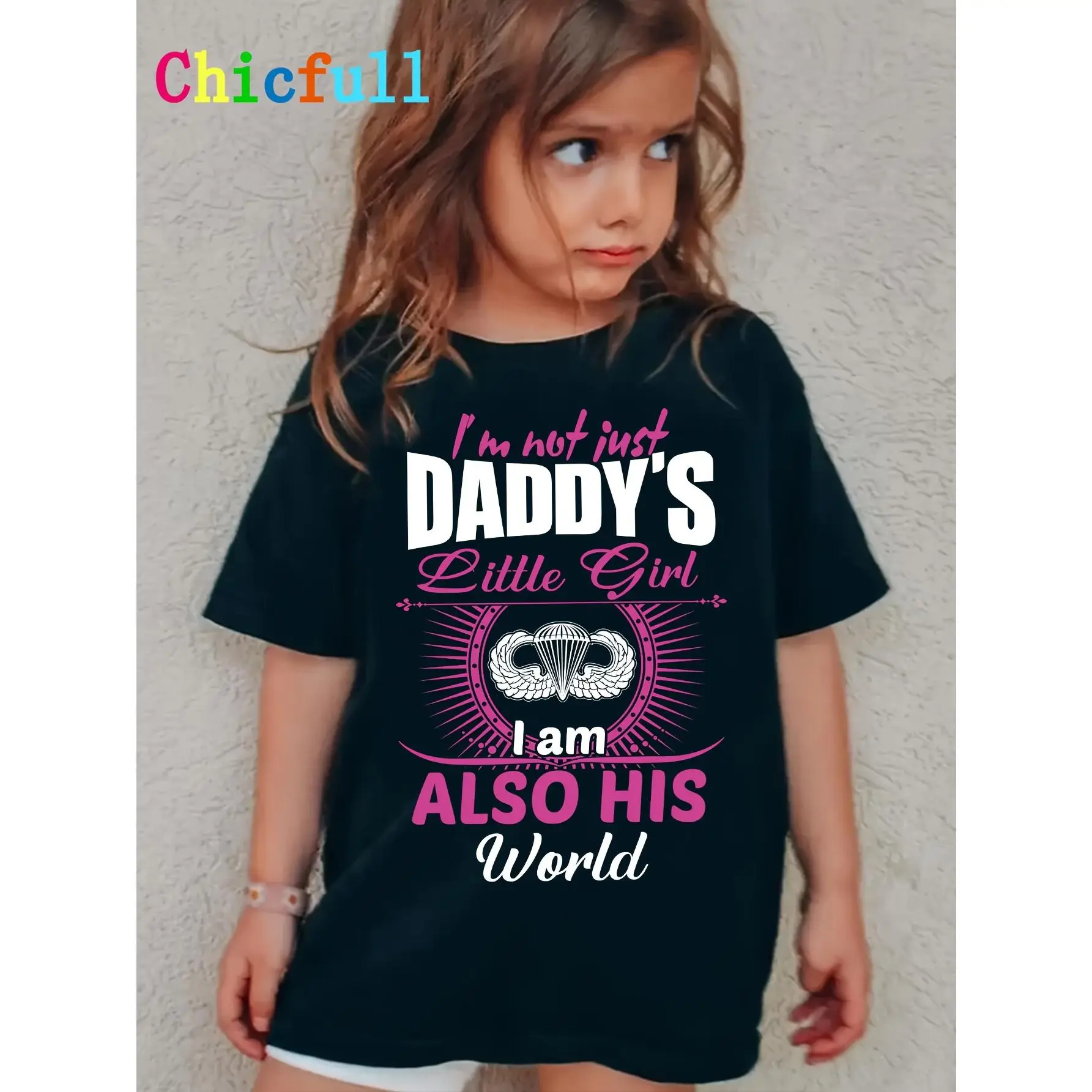 Chicfull Girls' Black T-Shirt - "I'm Not Just Daddy's Little Girl, I Am Also His World" with Pink Glittery Lettering & Heart Graphic - Casual Polyeste