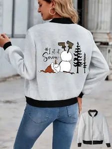 Women's Casual Jacket, Christmas Snowman Print, Long Sleeve Fitted Coat, Zipper Closure, Pockets, Easy Care, All Seasons Wear
