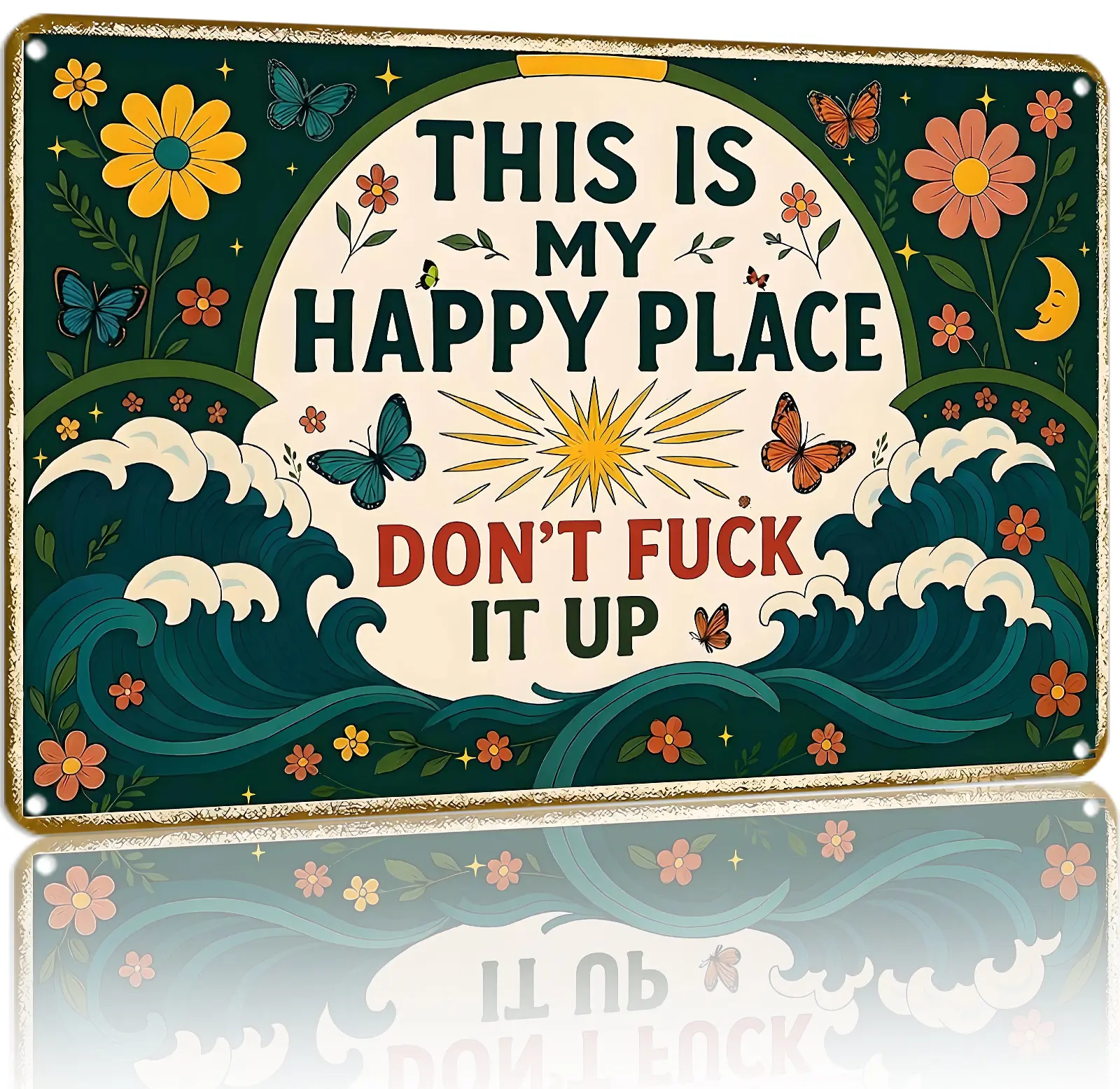 Retro Aluminium Wall Mount Plaque - 12x8 in Metal Sign with "This Is My Happy Place Don’t F*ck It Up" Quote, Farmhouse Decor for Kitchen, Indoor-Outdoor Home Supplies