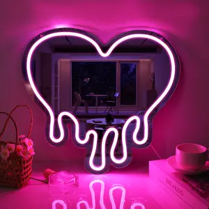 Serbasic Melting Heart Mirror Neon Sign LED Pink Light Dimmable ON/OFF Switch USB Powered 15.6*14.8inch for Wall Decor Living Room Bar Club Girl's Room Artwork Bedroom Home Gifts