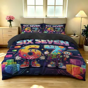 3-piece quilt cover set (1 quilt cover +2 pillowcases, no core) Game style digital 67 bedding pixel cartoon neon square element print soft and comfortable bedding, suitable for use in all rooms such as hotel bedrooms