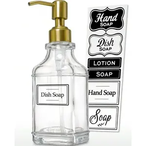 Antique Square Glass Soap Dispenser With Golden Rust Proof Pump, Refillable Soap Dispenser With 10Pcs Stickers For Kitchen, Dish Soap Dispenser For Kitchen Bathroom Soap, Hand Soap, Lotion.Back To School Stainless Steel Pack
