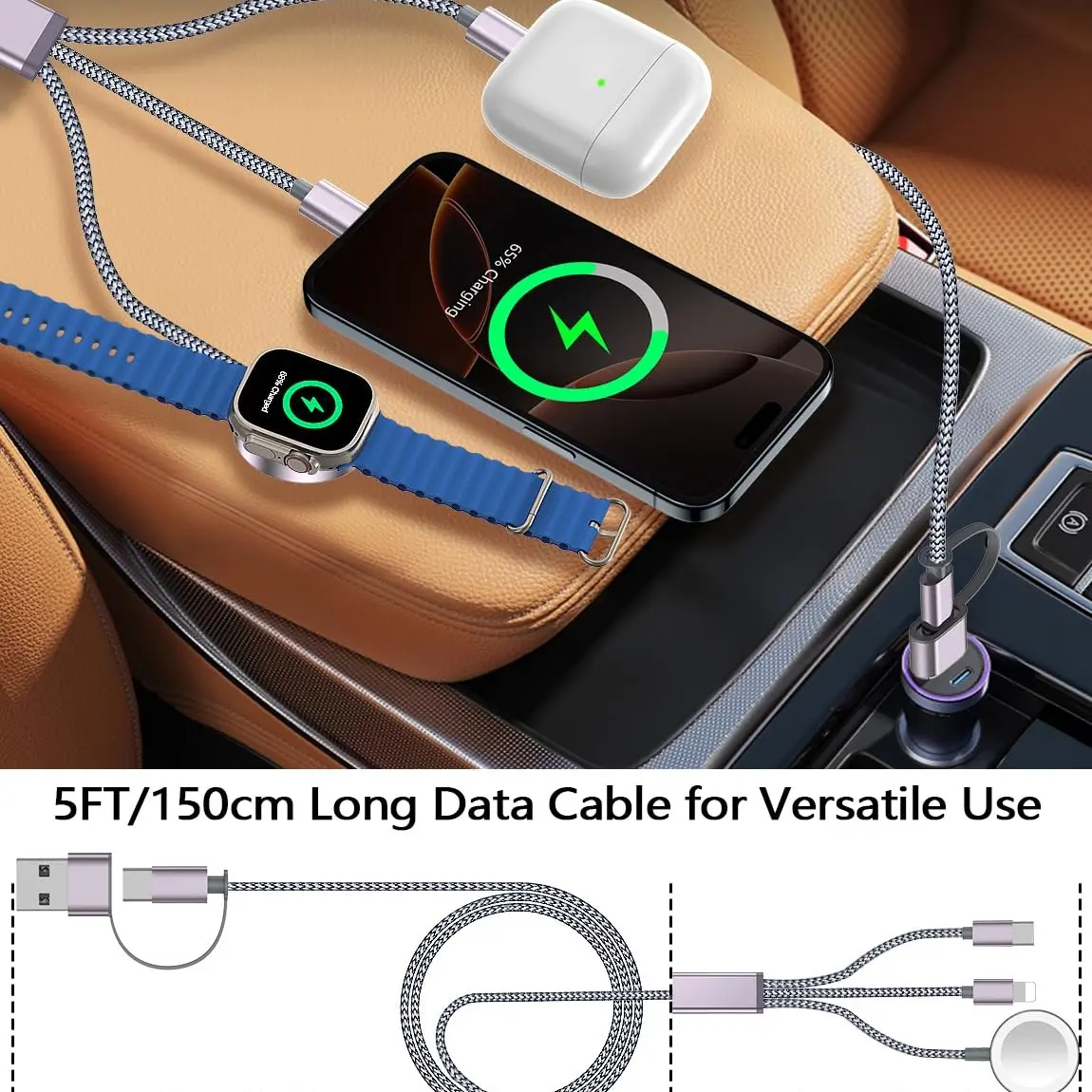 Alloy Portable 3-in-2 Multi Charging Cable - USB A/C, Lightning, Magnetic Electronic Mobile Devices Charger for Apple Watch, iPhone, Samsung, iPad - All-in-1 Travel & Car Daily Use Aluminium Cord