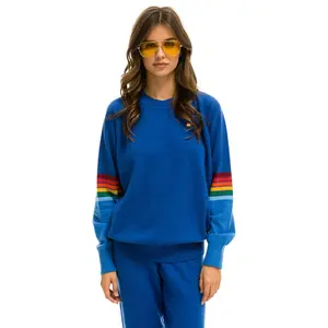 RAINBOW STRIPE SLEEVE UNISEX CASHMERE LIGHT SWEATER - VINTAGE BLUE