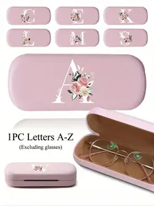 An elegant personalized pink glasses case printed with flowers and letters A-Z, hard shell glasses protector with a durable soft lining, portable storage case for prescription glasses, suitable for travel and everyday use (does not include U, Q, X)