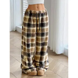Women’s plaid flannel sports pants with leopard print, warm wool, streetwear/hip-hop dance style, suitable for motorcycling and school, casual sportswear