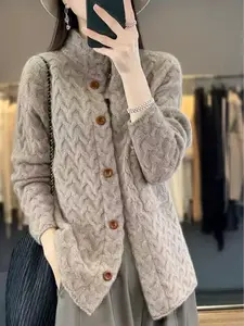 Women's Solid Color Stand Collar Knit Button Cardigan, Fashion Fall Winter Commuter Warm Versatile Outerwear, Fitted Plain Design