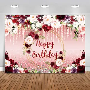 Burgundy Floral Birthday Backdrop Pink Rose Gold Style Polyester Fabric Photography Background Wrinkle Resistant HD Print Party Decor for Women Celebration Photo Booth Banner
