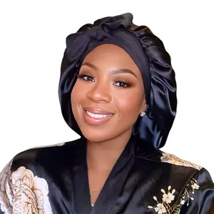 Prince Hair Company Luxury Handmade Charmeuse Silk Satin Lined Hair Bonnet with Long Stretch Ties in Black