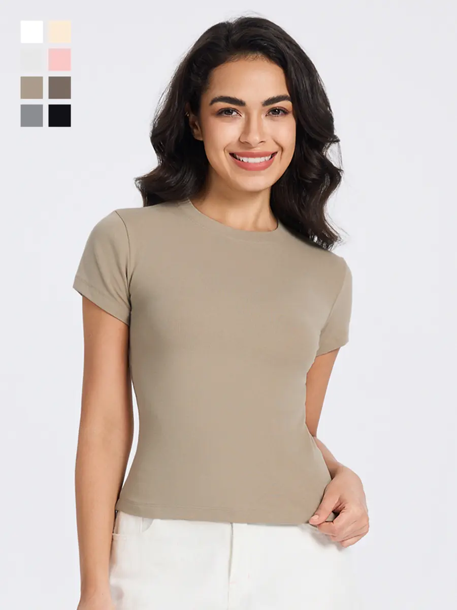 MIDMX Women's Crew Neck Tshirt, Short Sleeve Slim-Fit Cotton Basic Tops with Spandex Stretch, Casual Solid Concealing Fit Top, Basic Chic, Stretch Spandex