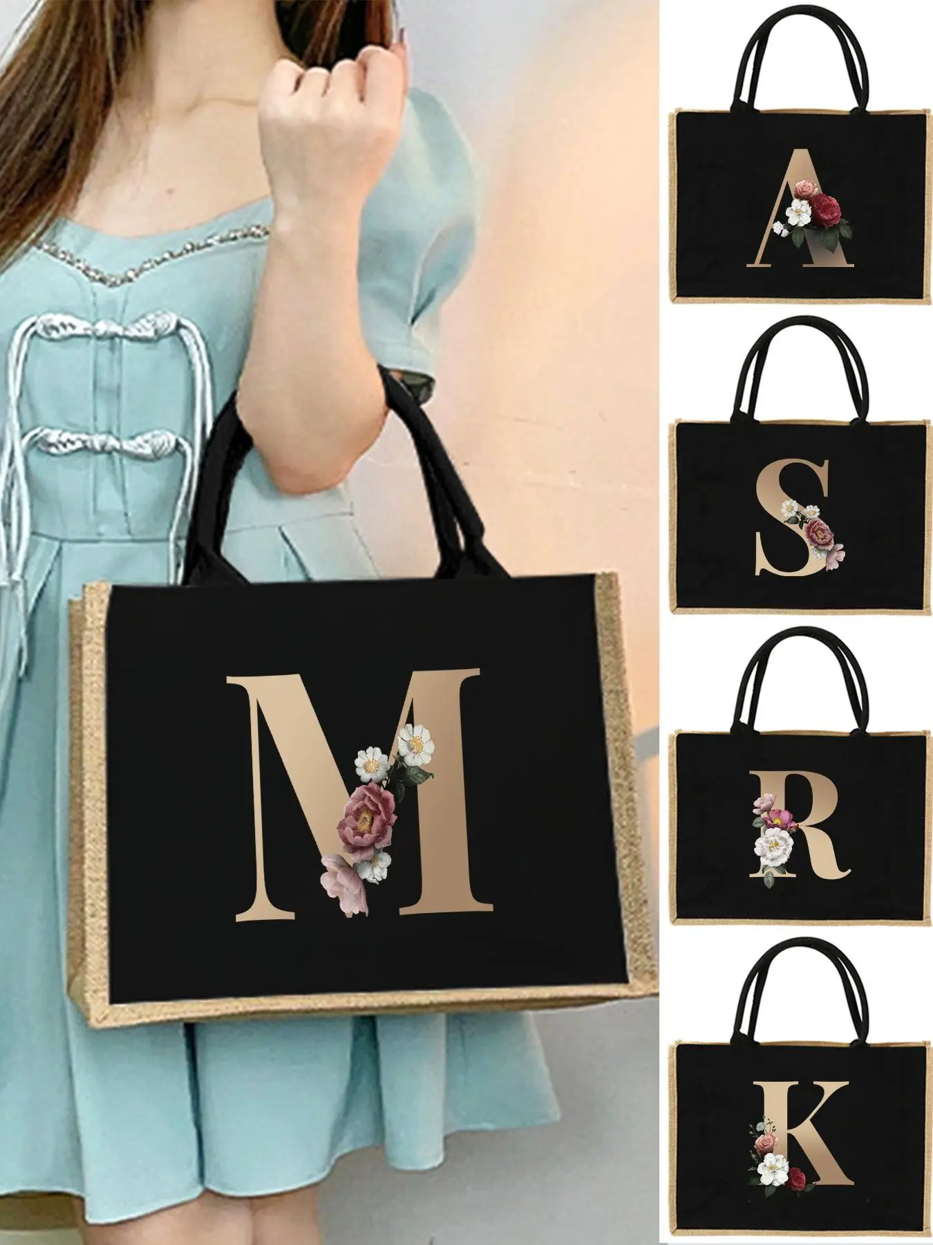 Women's Fashionable Letter & Flower Decorated Tote Bag, 1 Count Large Capacity Shopping Bag, Perfect Handbag for Party