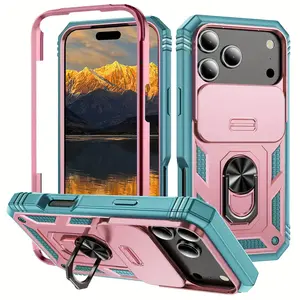 Phone Case: for iPhone 17 16 15 14 13 12 11 Pro Max 14 15 16Plus 13mini XSMax XR X XS 7 8Plus SE2020 SE2022 Shockproof Armor 360 °   Rotating Metal Ring Stand Phone Case with Sliding Lens Cover Protection