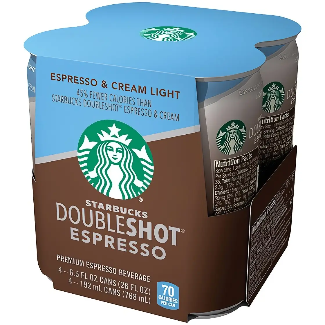 Starbucks Doubleshot Espresso & Cream Light 4-6.5 fl oz Cans 45% Fewer Calories than Doubleshot Espresso & Cream 70 Calories per Can Coffee Flavor