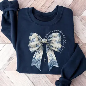 Toile De Jouy Jesus Sweatshirt, Coquette Christian Bow Shirt, God Is Good Faith Sweater, Christian Gift for Women, Mothers Day Gift