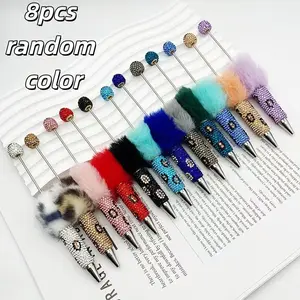 8pcs New Leopard Print Plush Beaded Pen Set, DIY Creative Ballpoint Pens, Student Back-To-School Gift, Party High-Value Souvenir, Office Elegance Signature Pen