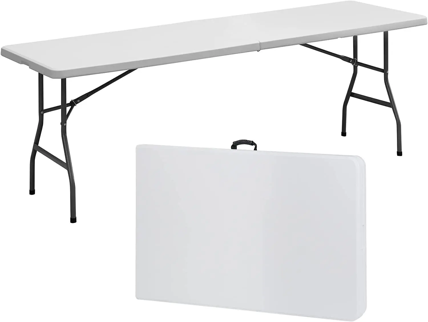 Segawe 8ft Rectangular Foldable Outdoor Table, Portable Powder-Coat HDPE-Steel Top, Lightweight Indoor-Outdoor Furniture with Carrying Handle, 300lbs Load, Quick Setup Camping Furniture, 41 lbs, 95"x30"x29", 3-4 People Capacity, White