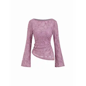 Cider Boat Neck Lace Floral Asymmetrical Hem Split Top With Cami Top