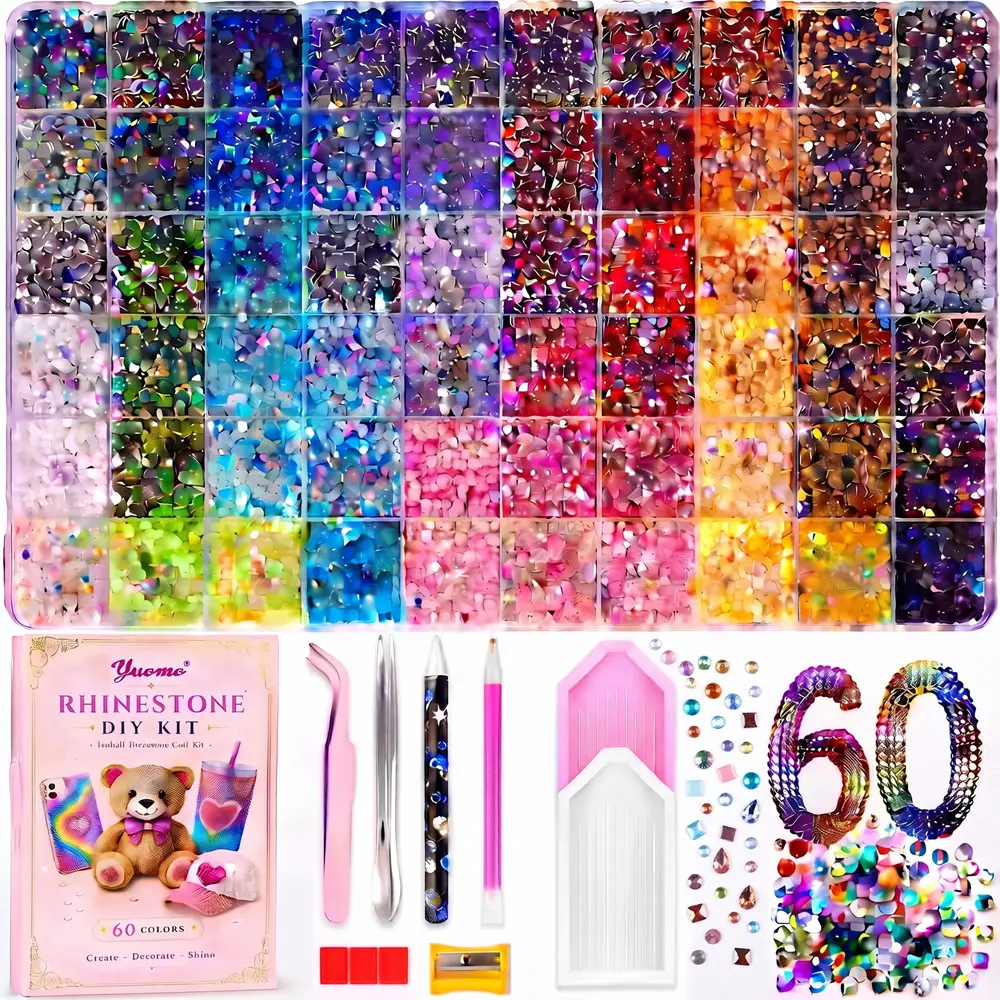 Rhinestones for Crafts, 60 Colors Flatback Resin Rhinestones DIY Kit with Pick Up Tools, Tweezers, Wax Pens, and Trays, Multipurpose Bedazzling Kit for Tumblers, Phone Cases, Nail Art, and DIY Art Projects