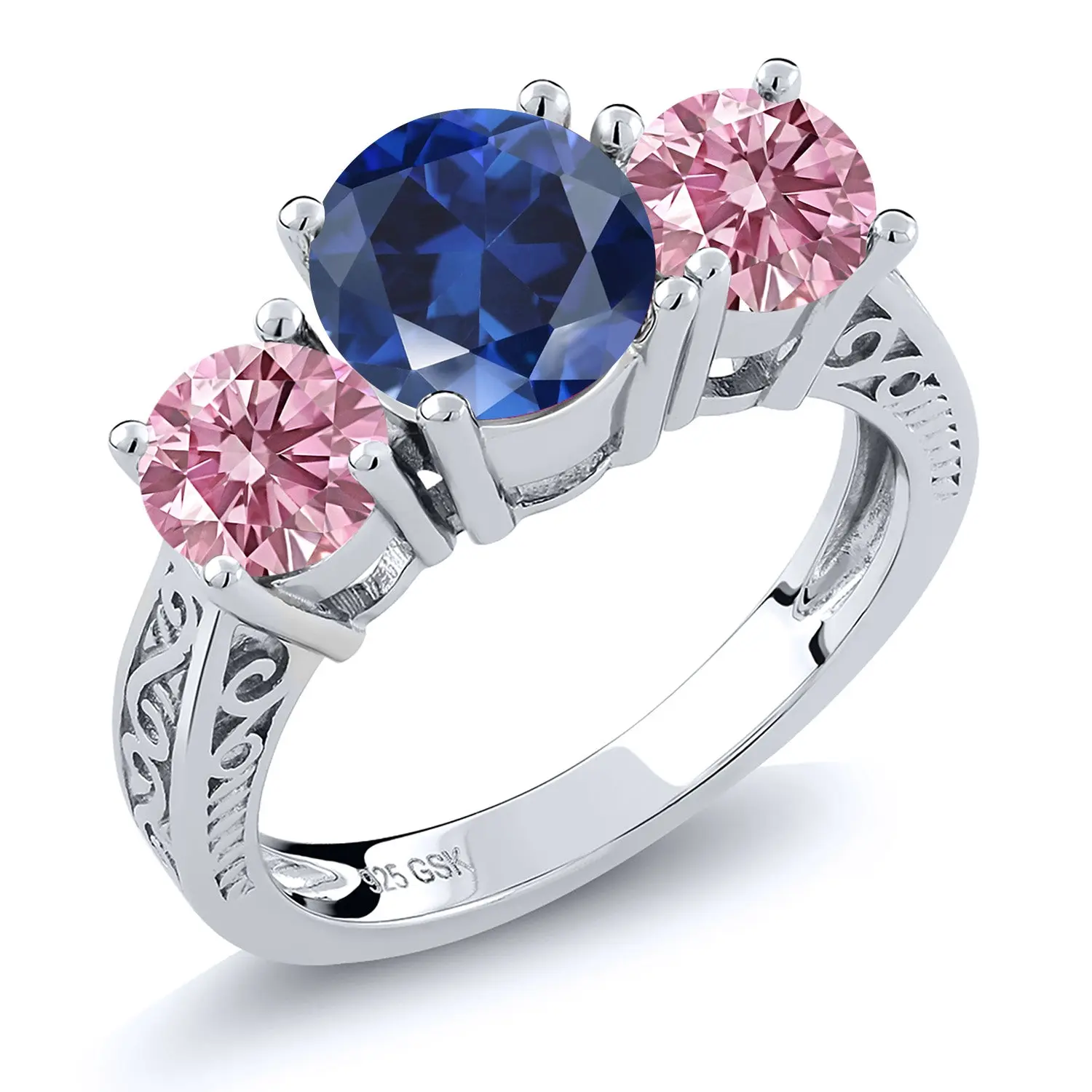 Gemstone Birthstone and Pink Lab Grown Diamond 3-Stone Ring for Women in 925 Sterling Silver | Round 7MM and 5MM | Wedding Engagement Anniversary Promise Ring with Filigree Band | Size 5-9