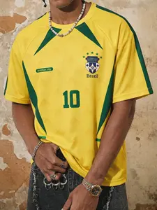 Men's Brazil #10 Retro Soccer Jersey, Sports Top, Lightweight Breathable Polyester, Yellow & Green National Team Color Block, Diamond Texture Mesh Fabric, Brazil Crest & "Brazilian city" Print, Ideal for Daily Wear, Street Style