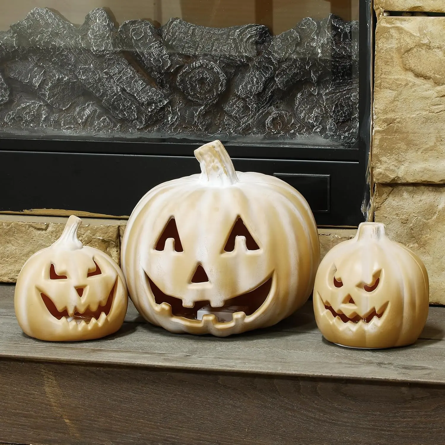 3 Pcs Terracotta Pumpkin Decorations 9-inch and 5-inch Halloween Party Plastic Glowing Pumpkin Indoor and Outdoor Lights, Halloween Home Create Decorations