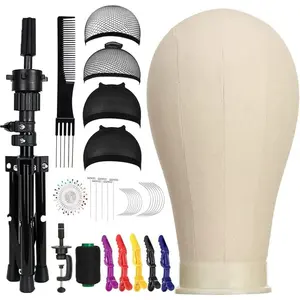 23 Inch Canvas Block Wig , Wig Stand Tripod with , Mannequin  for Wigs, Manikin  Block for Wigs Making Display with Wig Caps, T Pins C Bristle Brush