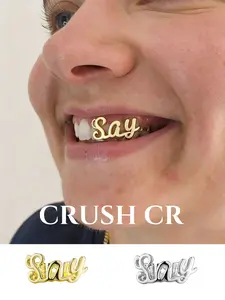 CRUSH CR Minimalist 18K Gold Plated "Say" Letter Tooth Cap for Women, Sleek Cursive Script Frame with Subtle High-Shine Finish, Hypoallergenic Removable, Ideal for Brunch, Casual Outings, Weekend Parties Everyday Styling, Understated Luxe Dental Jewelry
