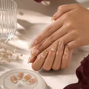 Iridescent Glitter Butterfly Press-on Nails Nude Gold Glitter Press On Nails Long Coffin – 3D Butterfly Rhinestone Fake Nails, 24Pcs Reusable Nail Kit for Women by Barely Mani
