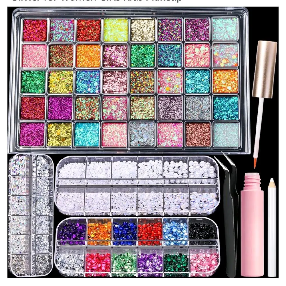 Face Glitter Rhinestones Kit, 40 Colors Gel Palette, 2 Boxes Rhinestones for Face Nail Clear&Colorful, 1 Box Pearl Gems with Makeup Glue. Glitter for Women Girls Kids Makeup