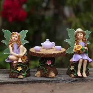 6pcs Afternoon Tea Resin Decorations, Decorative Figurines, Fairy Garden Planters, Fluorescent Wings, Home Desktop Ornaments, Gift for Family and Friends