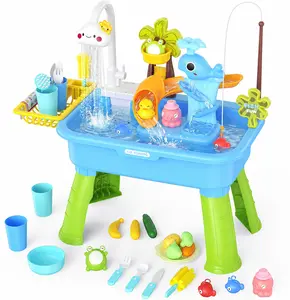 Water Table for Toddlers 1–3, Kids Play Sink Toy with Running Water, Outdoor Water Play Table with Pump, Fishing Game & Sensory Activity Toys for Boys Girls Ages 3–8, Summer Backyard Pool Play (Blue)