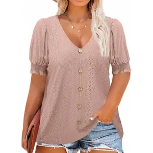 Imily Bela Womens Plus Size Tunic Tops V Neck Short Puff Sleeve Tops Casual Summer Eyelet Blouses