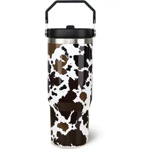 30oz Cow Tumbler with Handle and Straw, Stainless Steel Vacuum Insulated Flip Straw 30 oz Coffee Tumbler, Spill Proof Travel Mug, Cow Decor Gifts for Women