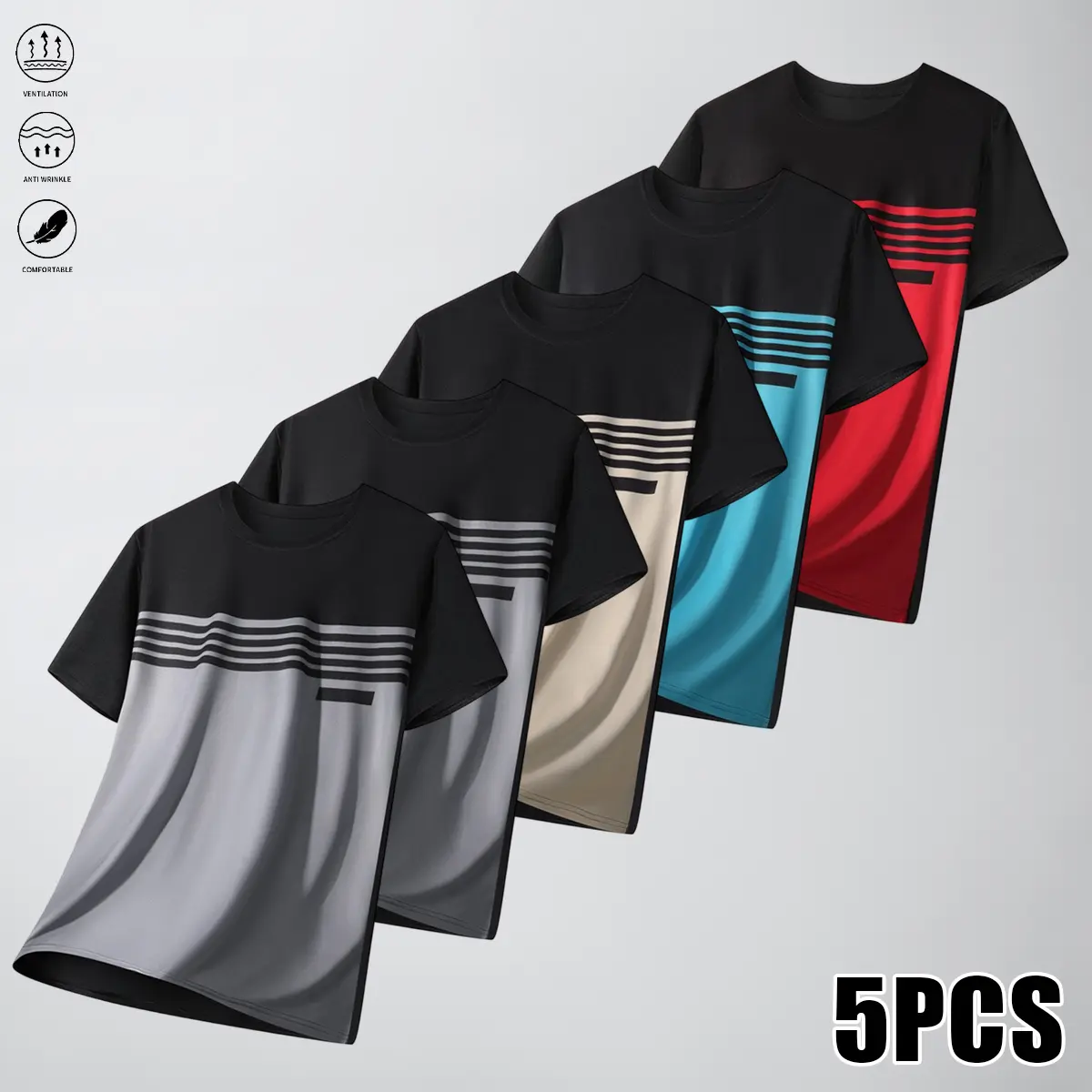 5PCS Men’s Moisture-Wicking Short-Sleeve T-Shirt – Sports T-shirt with vertical striped sleeves, suitable for the gym, beach, office, and semi-formal occasions; solid base fabric paired with a striped design; machine-washable crewneck casual shirt