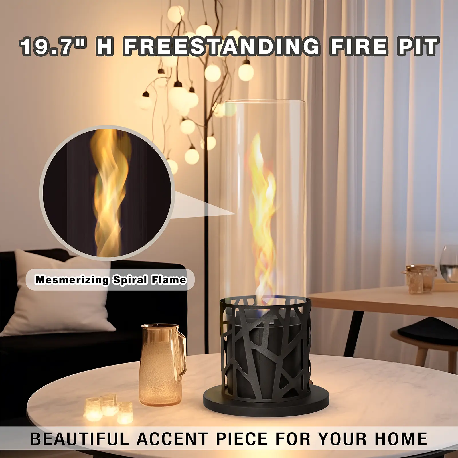 Black Compact and Portable Modern Round Tabletop Tornado Bio Ethanol Fire Pit - 19.7in Freestanding, Odorless, Smokeless, Tempered Glass Indoor/Outdoor Home Fireplace with Dancing Flames, High-Quality Base, 19.7in H, Durable And Efficient, Smokeless Flame