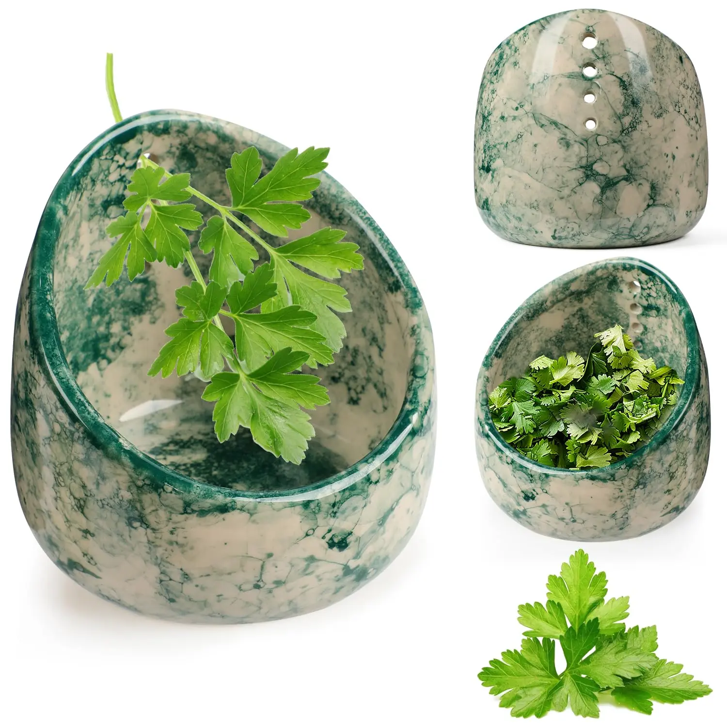 Handmade Ceramic Herb Stripper Bowl Pottery with Marbled Green & Beige Glaze 4 Apertures for Separating Leaves and Stems Sturdy and Stylish Tableware 3.74 x 3.74 x 3.74 inch Aesthetic