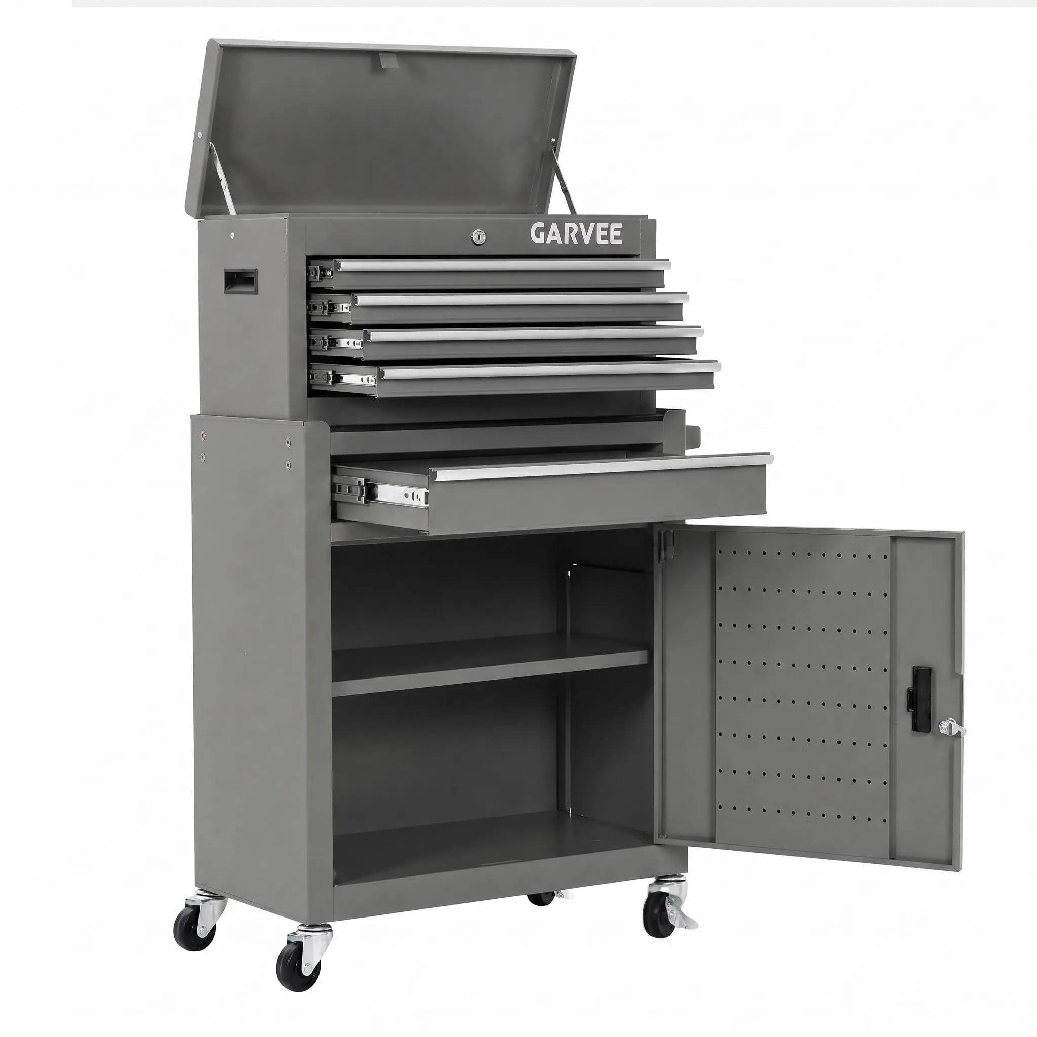 5-Drawer Rolling Tool Chest with Lock &Wheels 2-in-1 Large Toolbox，Large Storage Toolbox Rolling Metal Tool Cart with Sliding Drawers and Protective Liner for Garage, Workshop,Gray