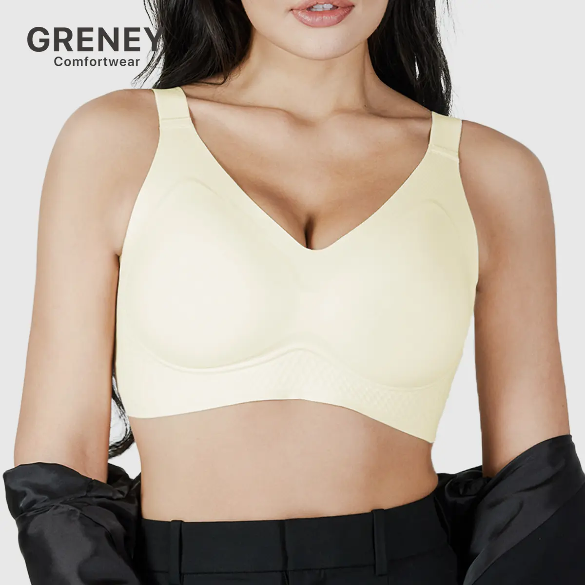 GRENEY-Gplus-Large Bust W-Support Waffle-Texture Back Hook Bra Comfortable Plus Size Push Up Breathable Adjustable W-Shaped Soft Support Seamless Wireless Full Coverage One-Piece Soft Cup Support-89688