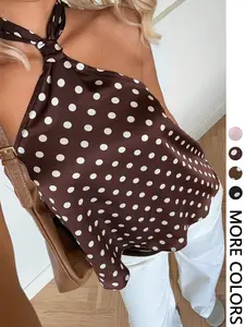 Women's Polka Dot Print Halter Top, Womenswear, Tie Back Closure, Twist Neck Detail, Multiple Color Options, Smooth Breathable Fabric, Casual Daily & Date Night Wear, Retro French Style