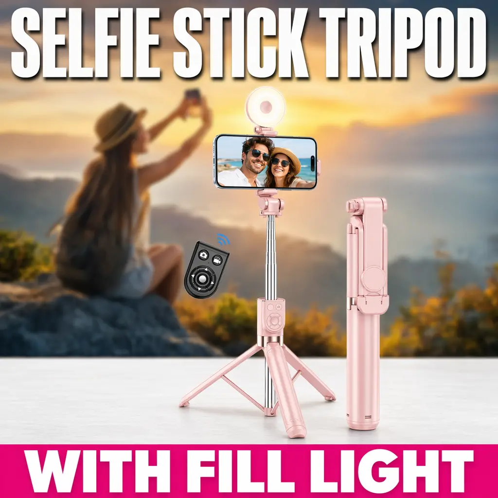 Bluetooth Selfie Stick Phone Tripod with Rechargeable Remote, Fill Light, Compact Smartphone Vlogging Travel Mount Holder for iPhone Landscape Video Shooting