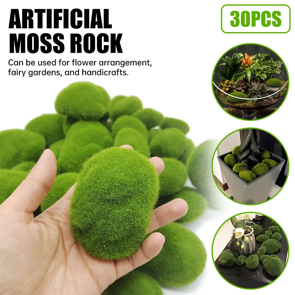 30-Piece Eco-Friendly Artificial Moss Rocks Set - Lightweight Waterproof Foam Fuzzy Green Fake Stones, Decorative Realistic-Look Accents for Indoor Natural Home Flower Garden, DIY Potted Plant Craft
