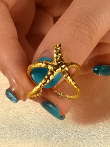 Ocean Wind Open Ring, Unique Fashion Shell Starfish Design, Stainless Steel Finger Jewelry for Women, Versatile Accessory